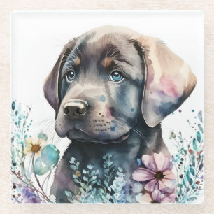 Dessous-de-verre En Verre Labrador Retriever marron et fleurs à l'aquarelle