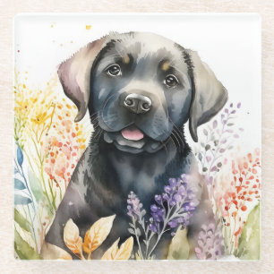 Dessous-de-verre En Verre Labrador Retriever noir et fleurs à l'aquarelle