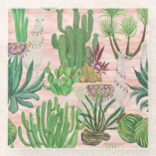 Dessous-de-verre En Verre Lamas aquarelle et motif cactus.