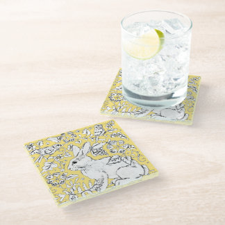 Dessous-de-verre En Verre Lapin mignon dessin sur Jaune, Flore d'oiseaux