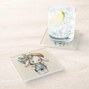 Dessous-de-verre En Verre Lapin mignon en salopette avec chapeau de paille e
