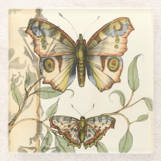 Dessous-de-verre En Verre Les papillons Tandem sur les Feuilles verts (Devant)