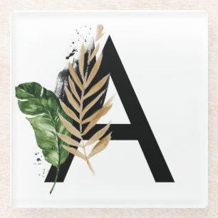 Dessous-de-verre En Verre LETTRE Feuille Tropicale Faux Gold Foil A Monogram