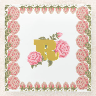 Dessous-de-verre En Verre Lettre initiale du Rose floral Monogramme Nom Coup