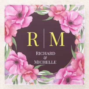 Dessous-de-verre En Verre Lettre initiale florale de couronne Monogramme Nom