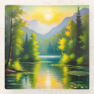 Dessous-de-verre En Verre Lever de soleil sur des montagnes enneigées et un 