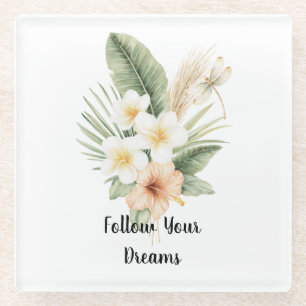Dessous-de-verre En Verre Libellule Plumeria Hibiscus Tropical Vert Pêche