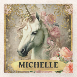 Dessous-de-verre En Verre Licorne blanche vintage aquarelle et roses roses