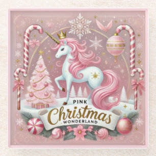 Dessous-de-verre En Verre Licorne Rose du Pays des Merveilles de Noël