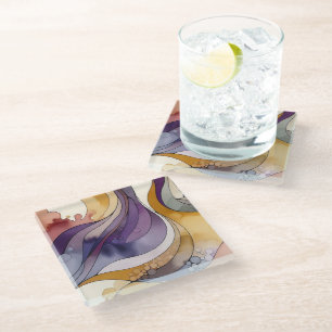 Dessous-de-verre En Verre Lignes fluides couleur abstraite violette et dorée
