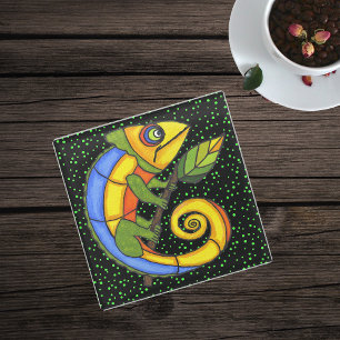 Dessous-de-verre En Verre Lizard à carreaux colorés Gros yeux cercles