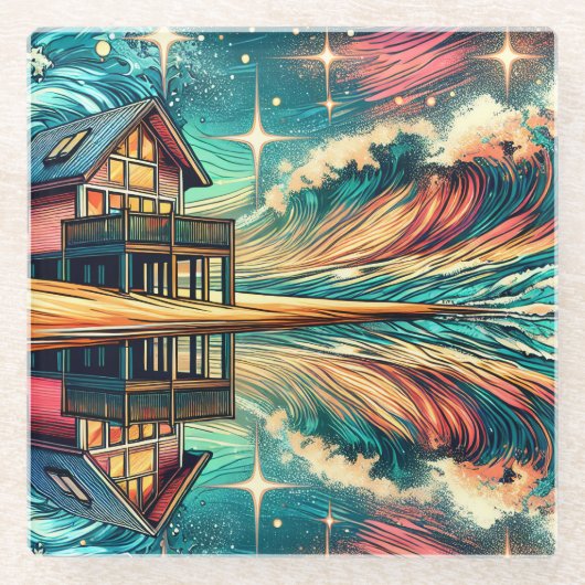 Dessous-de-verre En Verre Log Cabine sur la plage Ai Art (Devant)