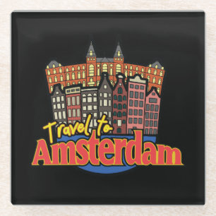 Dessous-de-verre En Verre Logo Voyage Vintage à Amsterdam Pays-Bas