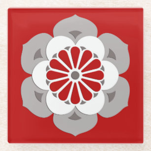Dessous-de-verre En Verre Lotus Flower Mandala, rouge foncé, gris et blanc