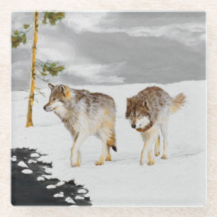 Dessous-de-verre En Verre Loups en peinture sur neige - Art original de la f