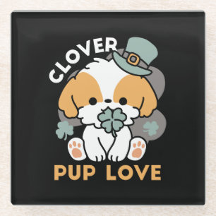 Dessous-de-verre En Verre Lucky Pup with Clover - St. Patrick's Day Cadeau