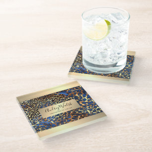 Dessous-de-verre En Verre Luxe Peau de Bête Leopard Beauté Paillettes Or