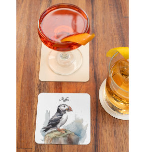 Dessous-de-verre En Verre Macareux sur un Rocher Aquarelle, personnalisé