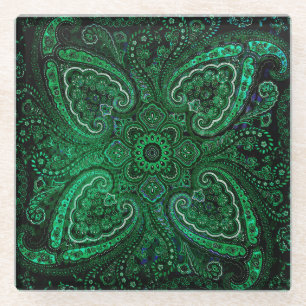 Dessous-de-verre En Verre Magique Paisley Vert sur Fond Noir