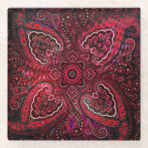 Dessous-de-verre En Verre Magique Rouge Paisley sur Fond Noir