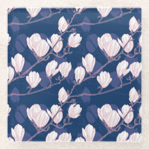 Dessous-de-verre En Verre Magnolia Élégance : Floraison Printanière Navy