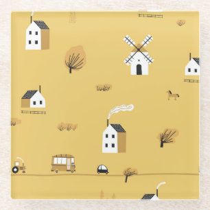 Dessous-de-verre En Verre Maison colorée, arbres, chevaux paysage