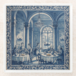 Dessous-de-verre En Verre Maison de café Venise bleue et blanche de style an