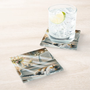 Dessous-de-verre En Verre Maison de Rêve au Piano Ensoleillé avec Chat Cotta