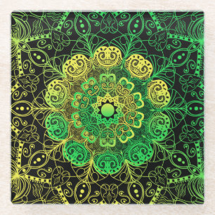 Dessous-de-verre En Verre Mandala Art : Green Yellow Detail.
