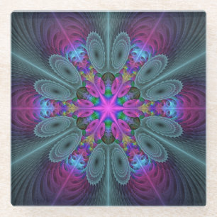 Dessous-de-verre En Verre Mandala coloré art spirituel fractal avec rose