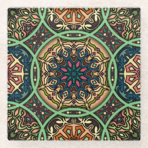 Dessous-de-verre En Verre Mandala coloré : Vintage main florale tirée