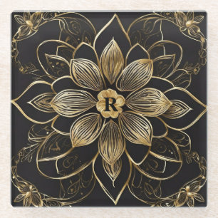 Dessous-de-verre En Verre Mandala floral doré Monogramme initial noir élégan