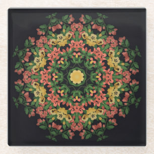 Dessous-de-verre En Verre Mandala floral : rouge, vintage jaune.