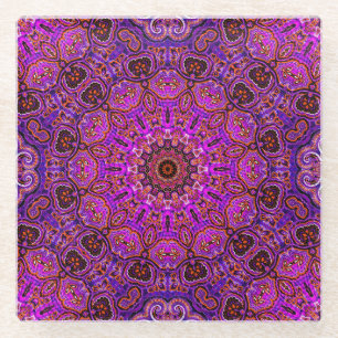 Dessous-de-verre En Verre Mandala motif kaléidoscopique rose chaud