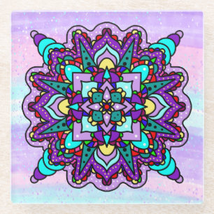 Dessous-de-verre En Verre Mandala mystique coloré en violet et bleu