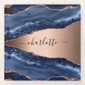 Dessous-de-verre En Verre Marbre agate bleue rose nom script (Devant)