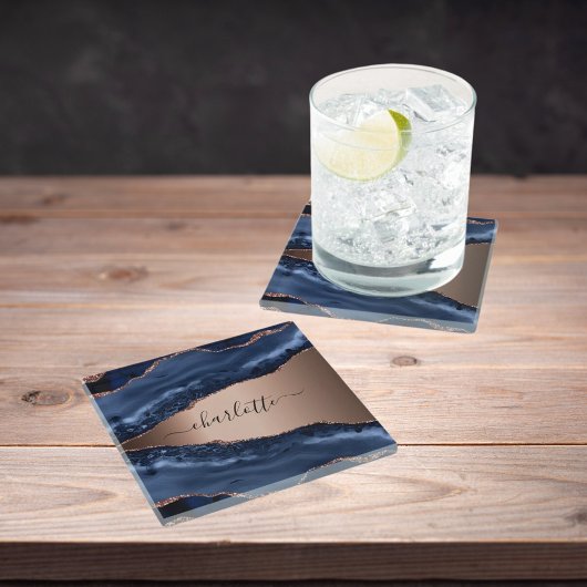 Dessous-de-verre En Verre Marbre agate bleue rose nom script