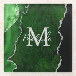 Dessous-de-verre En Verre Marbre Agate Vert et Argent