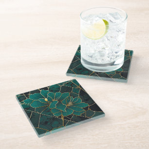 Dessous-de-verre En Verre Marbre Art Déco Mosaïque Floral Émeraude Vert & Or