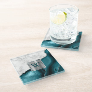 Dessous-de-verre En Verre Marbre Blanc Agate Bleu Turquoise Monogramme Argen