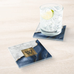 Dessous-de-verre En Verre Marbre blanc Giled Marine Blue Agate Monogramme