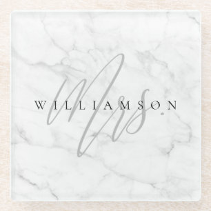 Dessous-de-verre En Verre Marbre blanc minimal élégant Madame Script Personn