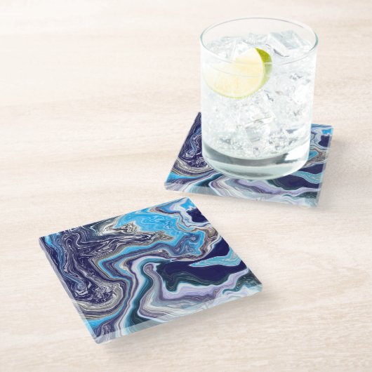 Dessous-de-verre En Verre Marbre bleu Fluide Art (Incliné)
