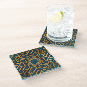 Dessous-de-verre En Verre Marbre de luxe Art Déco Bleu Or Clé grecque
