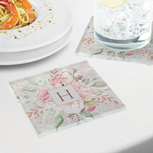 Dessous-de-verre En Verre Marbre floral de rose de pivoine rose élégant mono