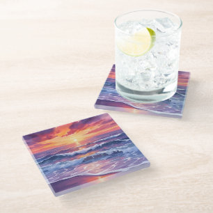 Dessous-de-verre En Verre Marée Violette Vagues de l'Océan au Coucher de S