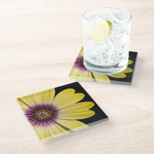 Dessous-de-verre En Verre Marguerite africaine jaune sur fond floral noir