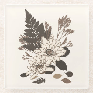 Dessous-de-verre En Verre Marguerites et Feuille - transparents sur crème.