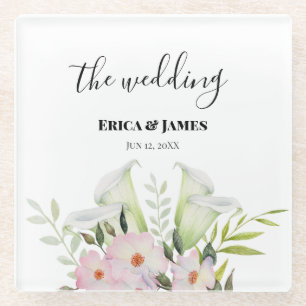 Dessous-de-verre En Verre Mariage Blanc Doux Calla Lily Rose Aquarelle S