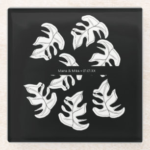 Dessous-de-verre En Verre Mariage botanique Monstera noir et blanc
